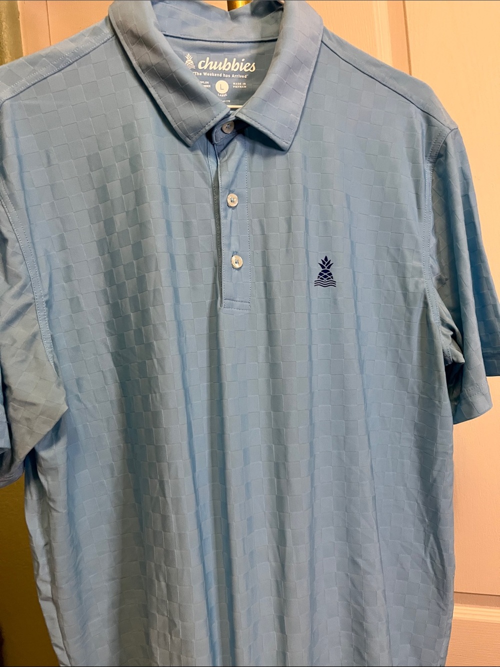 Chubbies Light Blue Check-Texture Polo Sz Lg Mens
